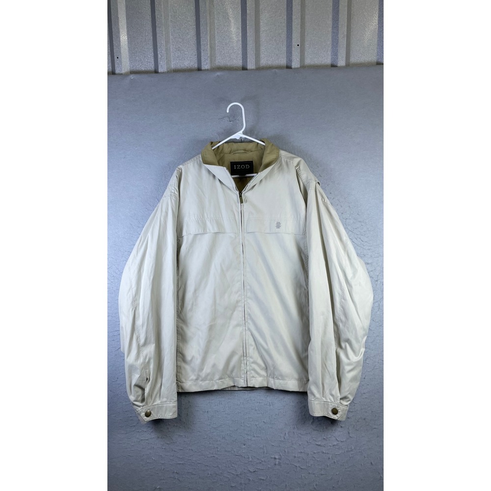 IZOD Windbreaker Jacket Mens XXL Beige Good Full Zip Mesh Lined Harrington